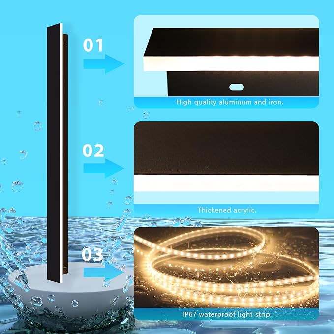 Outdoor Wall Light LED Long Wall Sconce 45.28in Ip65 Waterproof Black Modern Outdoor Lights 3000k 37W Metal Exterior Light Fixture for Porch Light Patio Door Yard Garden Villa Living Room