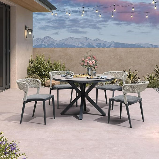 PURPLE LEAF 5 Pieces Oversized Round Aluminum Wicker Rattan Patio Dining Set for Lawn Backyard Deck Grey