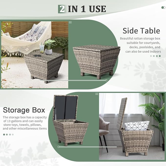 Outvita Outdoor Side Table, Rattan Coffee Table with Storage 13 Gallon Patio Small Deck Storage Box for Cushion Towel Books, Brown Side Table with lid