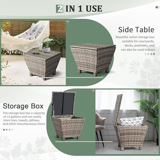 Outdoor Wicker Side Table with Storage, All-Weather Rattan Side Table, 13-Gallon Capacity, Water-Resistant Wicker Patio Table, for Outdoor Patio, Porch, Garden, Grey