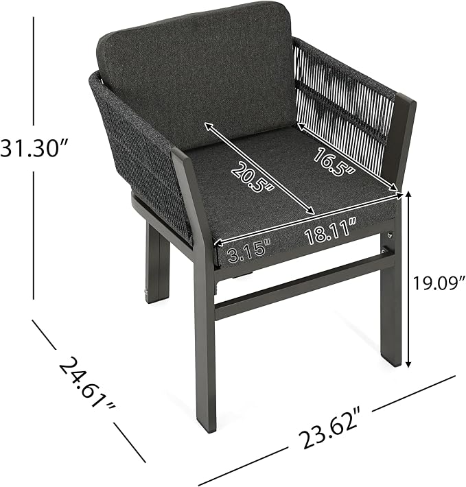Christopher Knight Home Tamken Acacia Wood Outdoor Dining Set for 6, 7 Piece Patio Dining Table and Chair Set, Metal Outdoor Dining Armchair and Table Set with Removable Cushion, Black+Grey+Teak