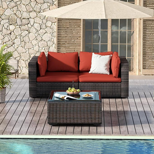 3 Piece Patio Furniture Set All Weather PE Rattan Outdoor Sectional Sofa Couch with No-Slip Cushions and Glass Top Table for Garden, Poolside, Backyard (Red)
