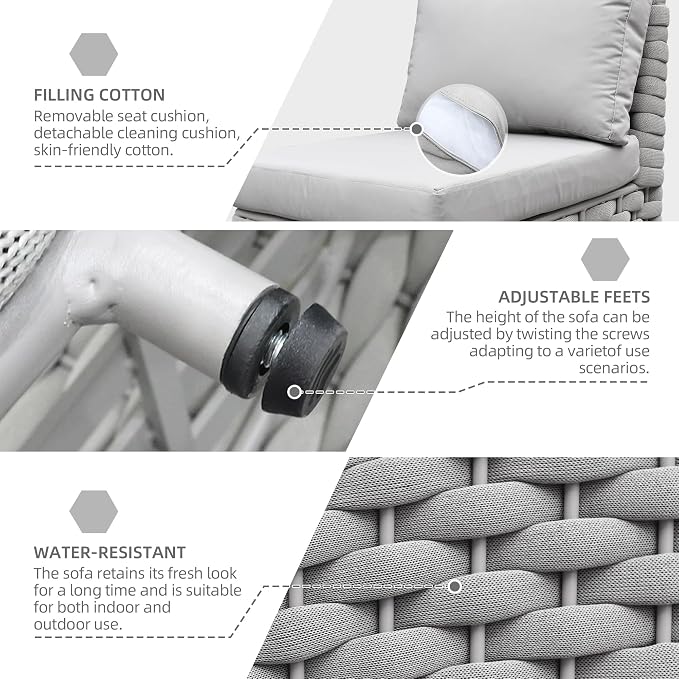 TWT 5-Piece Modular Outdoor Sectional Sofa Set, 5-Seater Woven Rope Patio Conversation Couch with Water-Resistant Cushions, for Backyard Balcony Deck, Khaki Gray