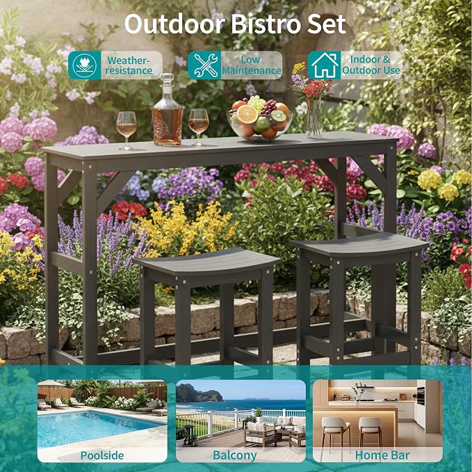 3Pcs Poly Lumber Outdoor Patio Bar Set, All Weather HIPS Bar Table and Chairs Set for Outside, 55" Rectangular High Top Bar Table with 2 Bar Stools for Patio, Poolside, Balcony, Hot Tub, Black