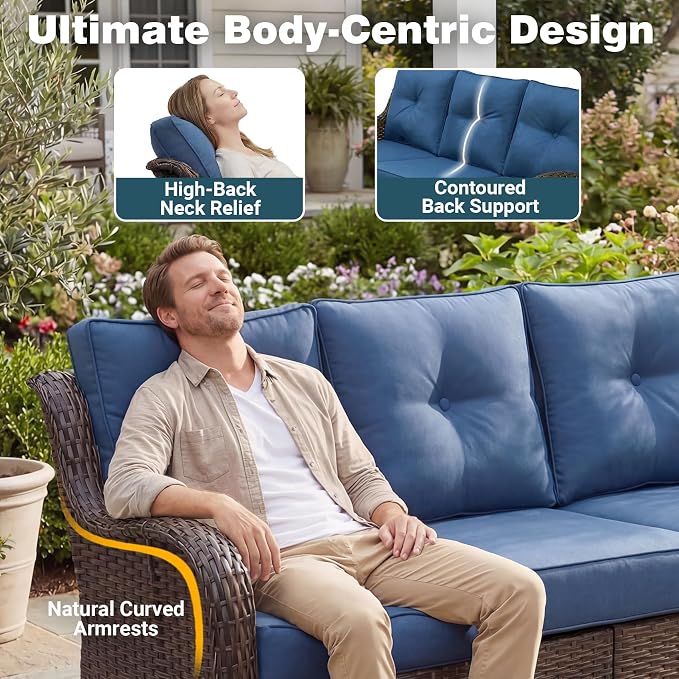 Luxury Patio Conversation Set, 2-Piece Ergonomic High Back Wicker Sofa Set with 6-Inch Deep Seating Cushions, Large Patio Furniture Set for Garden, Deck & Balcony, Navy Blue