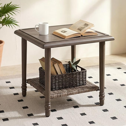 Wicker Outdoor Side Table, All Weather Rattan End Table | 20" Square Patio coffee Table, 2-Tier Storage Side Table for Porch, Balcony, Garden, Living Room
