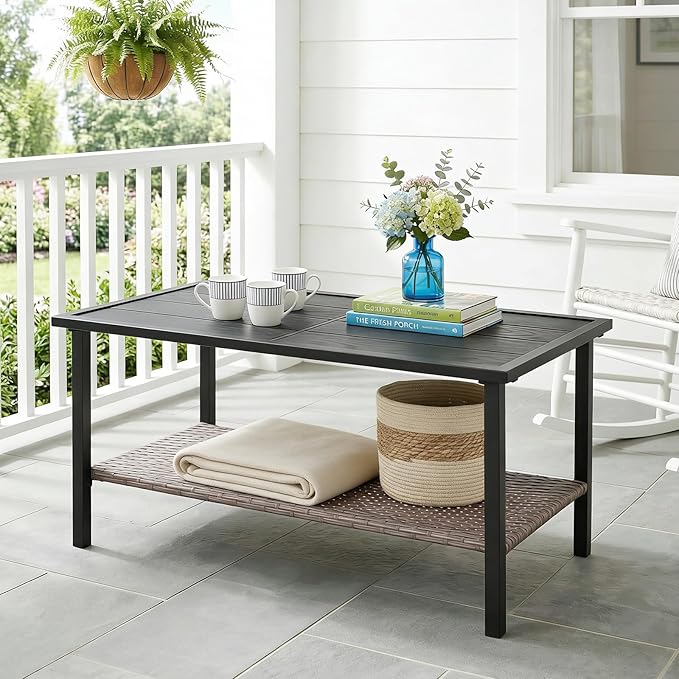 Sunset Escape Wicker Coffee Table, Rattan Rectangle Tea Table with Wood Grain Tabletop and 2-Tier Storage for Patio, Balcony and Garden, Black/Brown