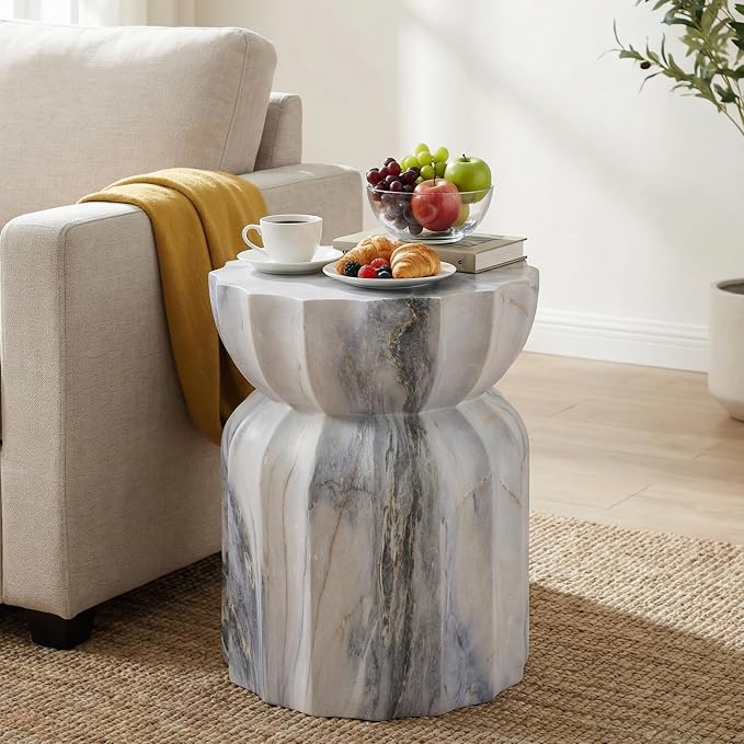 Christopher Knight Home 18.9 Inch Modern Outdoor Faux Concrete Side Table, Sculptural Fluted Hourglass Accent Table for Patio Garden Balcony Poolside