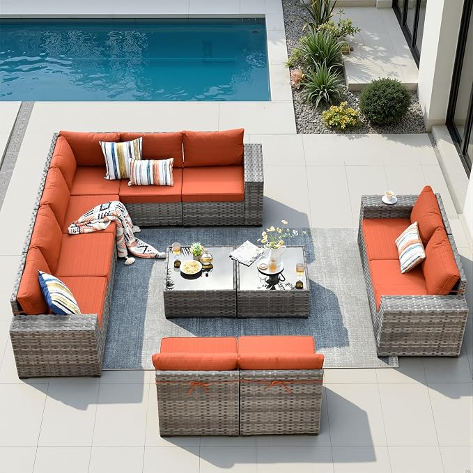 12 Pieces Patio Furniture Set, Wicker Outdoor Sectional Sofa with Coffee Table Comfy Cushions, Modern Modular Deep Seat Rattan Couch Conversation Set for Backyard Porch Yard,Orange