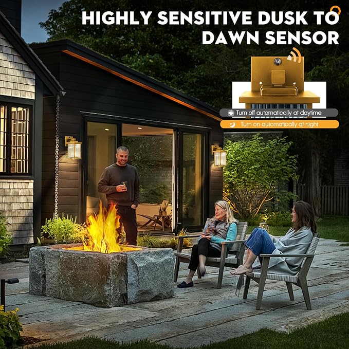 Gold Dusk to Dawn Wall Mount Porch Lights, Exterior Light Fixtures | Auto On and Off, Anti-Rust Metal Frame, Tempered Glass, E26 Socket, Easy DIY Install on Porch, Garage