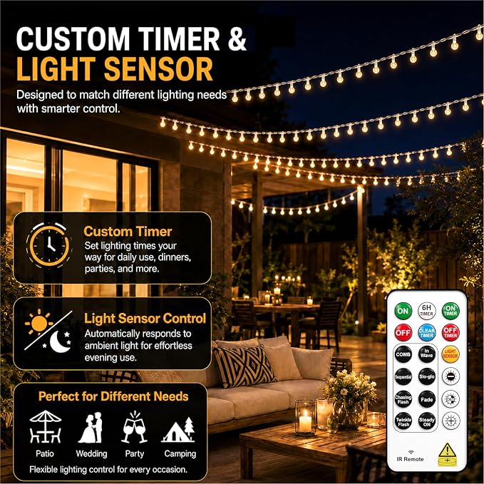Crystal Globe String Lights 2500mAh Rechargeable Battery Operated | 16FT 50LED Outdoor Waterproof with Remote, Timer & 8 Modes, Fairy Lights for Yard Garden Patio Wedding Christmas (Warm White)