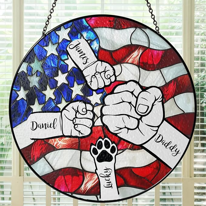 Personalized Fist Bump Dad and Kids Stained Glass Window Hanging Suncatcher - American Flag Background, Heartfelf Father's Day, Birthday Gift (Fist Bump Dad)