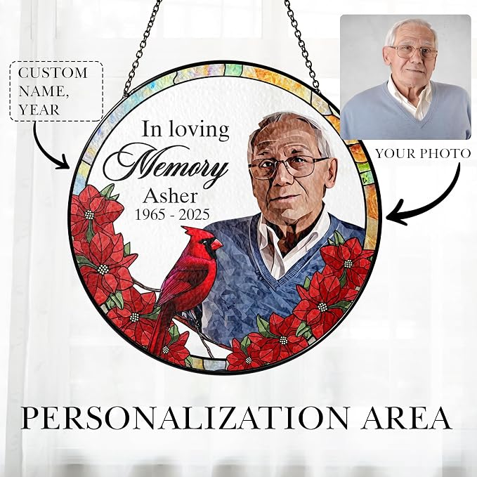 Personalized Loved One Photo Stained Glass Suncatcher - Cardinal in Loving Memory Keepsake Gift - Custom Photo, Name, Years (Cardinal Memorial)