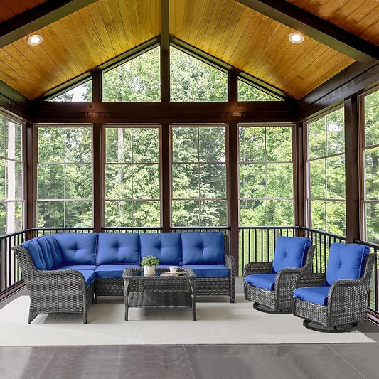 Belord Patio Furniture Set 6 Seats, Outdoor Swivel Rocker Patio Chairs, Oversized Outdoor Sectional Couch, Two 3-Seater Sofas with Coffee Table, Ideal for Porch, Deck, Gray Wicker/Blue