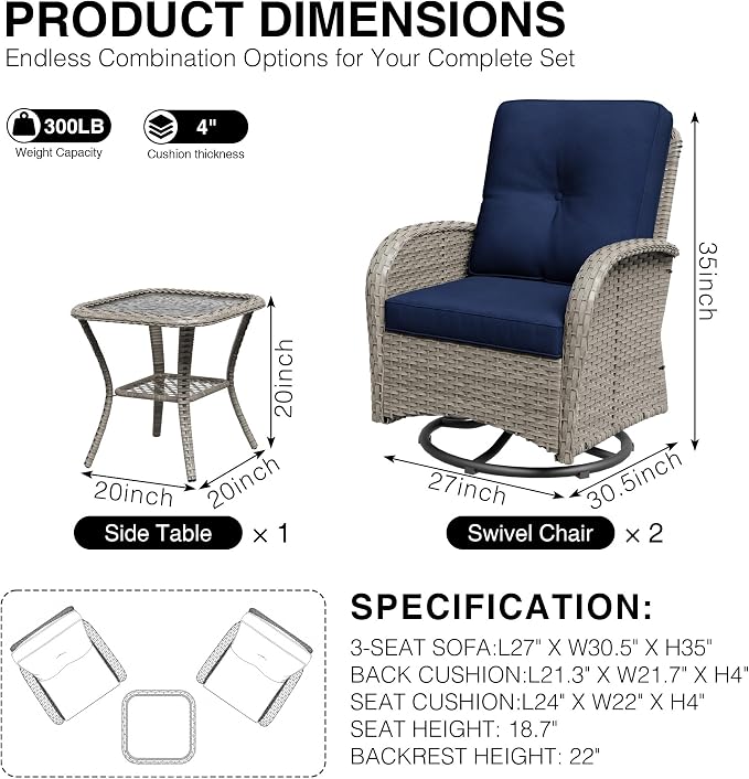 Joyside Outdoor Swivel Rocker Chairs, 3 Piece Wicker Patio Set with Thickened Cushions, High Back, Deep Seating, Wide Armrest, Outdoor Swivel Chairs for Porch, Deck