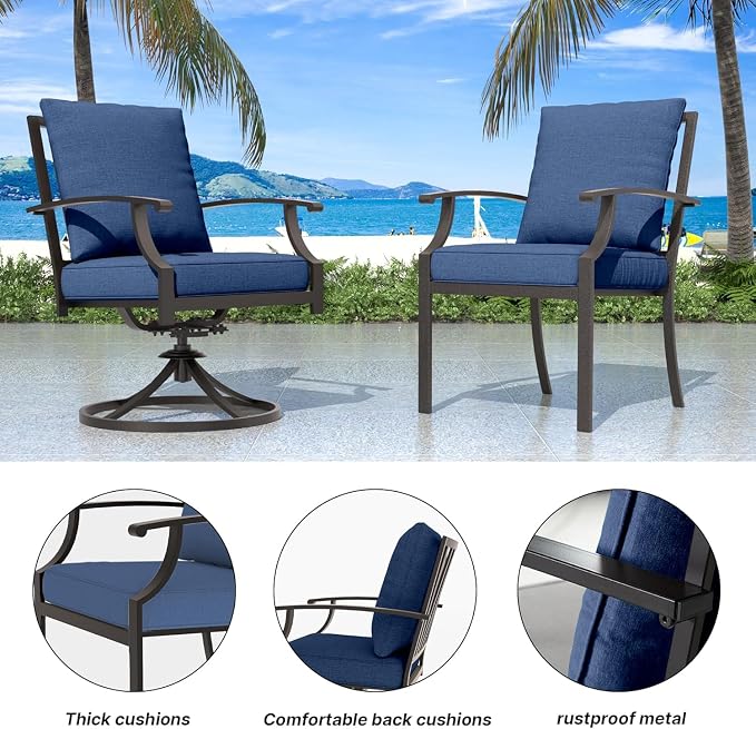 5 Pieces Outdoor Patio Furniture Set with 48" 55000 BTU Round Propane Fire Pit Table,Patio Dining Set Outdoor Conversation Sets 4 Swivel Chairs for Deck,Backyard and Garden,Dark Blue