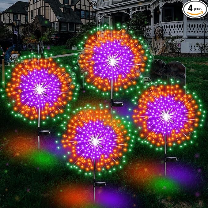 Tujoe Halloween Decoration Outdoor 4 Pack Solar Firework Light with 180 LED Halloween Solar Lights 8 Lighting Modes for Yard Garden Pathway Party Decoration(Green, Orange, Purple)