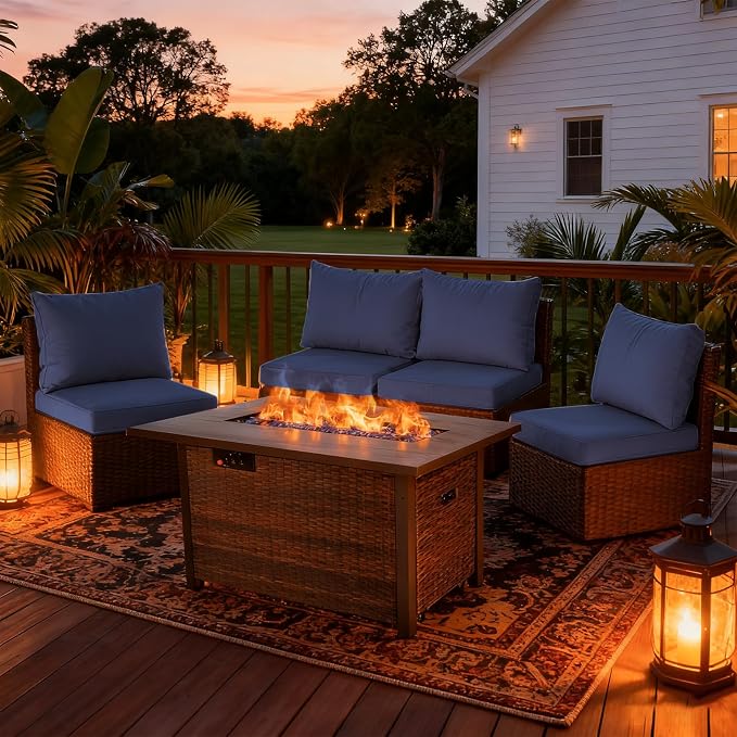5 Pieces Patio Furniture Set with 42" Fire Pit Table, Outdoor Patio Sectional Sofa, Wicker Rattan Conversation Set, Blue