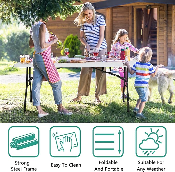 PayLessHere Folding Table Plastic Picnic Table for Parties Wedding Camping Office with Carrying Handle (White, 6 FT)