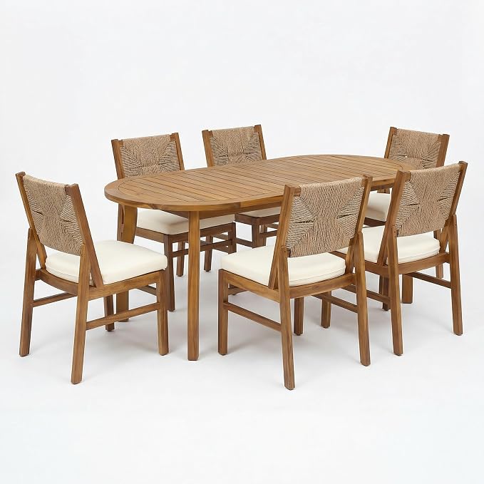 Christopher Knight Home 7 Piece Outdoor Dining Set with 70 Inch Oval Acacia Wood Patio Table and 6 Wicker Woven Dining Chairs with Cushions, Teak Finish Outdoor Table and Chairs for Patio Deck Garden