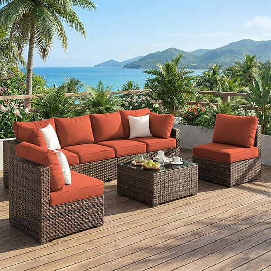 Patio Furniture Set 7 Piece Outdoor Wicker Sectional Sofa - All Weather High Backrest PE Rattan Couch Conversation Set with Cushion & Glass Top Table for Backyard Deck (Red, L-7 pcs w/glass table)