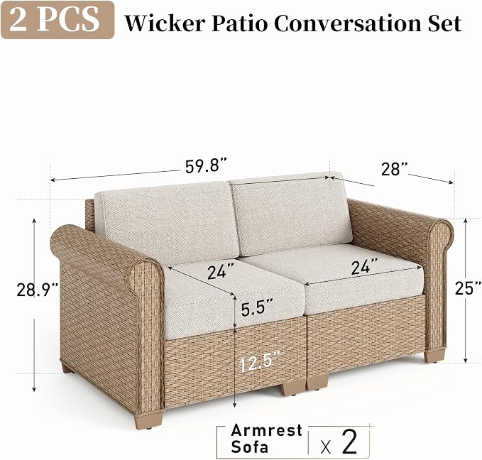 SUNSHINE VALLEY Patio Rattan loveseat, 2-Seat Wicker Rattan Sofa with 5.5" Thick Waterproof Cushions, All Weather Outdoor Conversation Set for Lawn Backyard Garden and Deck, Beige