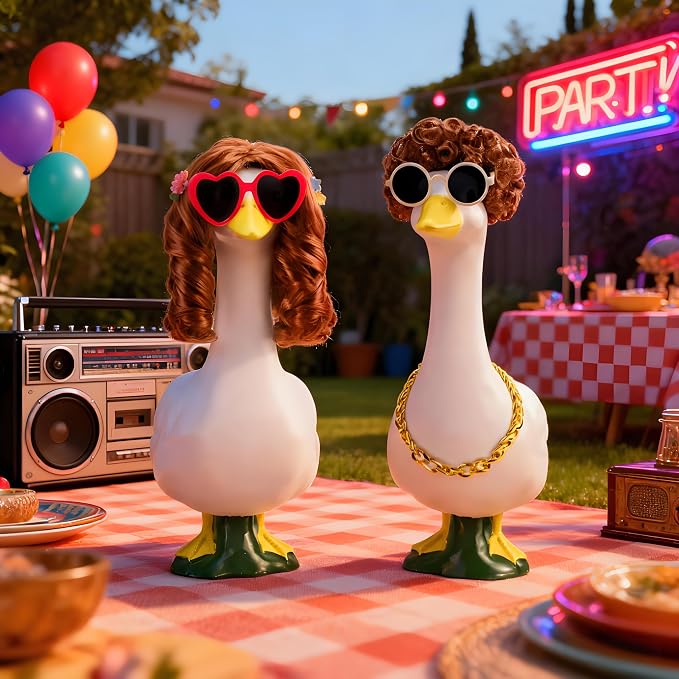 8090 Vintage Porch Goose Wigs Accessories 2 Pack with Sunglasses Retro Street Style Porch Goose Braid Wigs Outdoor Decor for Lawn Goose Statues