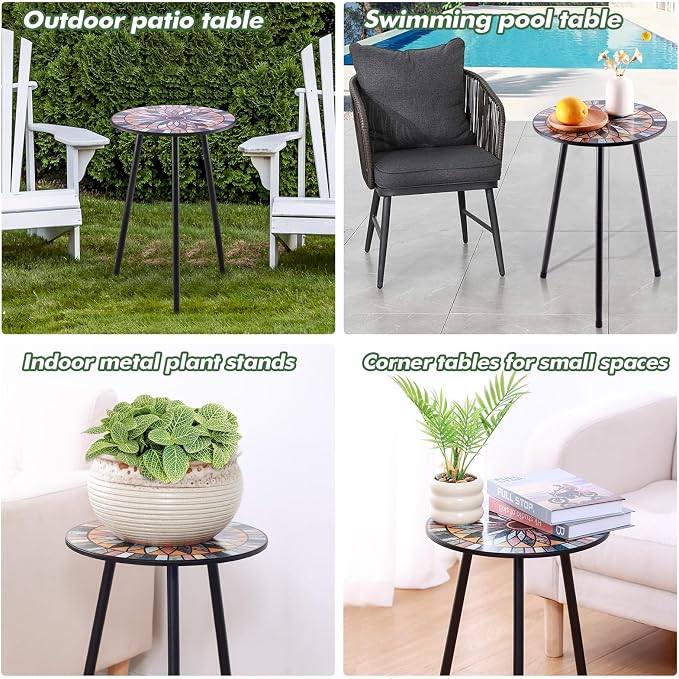 Party Zealot Metal Mosaic Round Side Tables Set of Two 13.4" Small Outdoor Patio Round Accent Coffee Tables Indoor Corner Stand for Small Spaces Weather-Resistant for Balcony Plant Stand