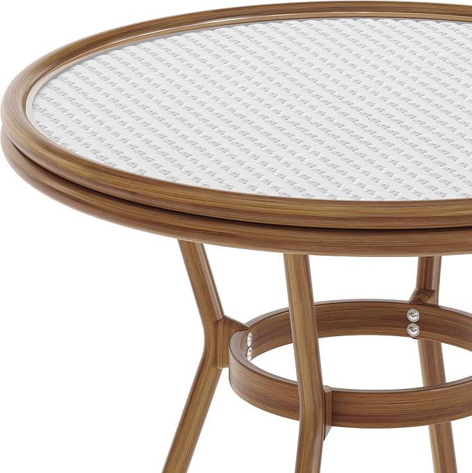Flash Furniture Lourdes Indoor/Outdoor Commercial Bistro Table - Tempered Glass Top - PE Rattan - Natural Bamboo Print Aluminum Frame - 31.5" - White/Gray