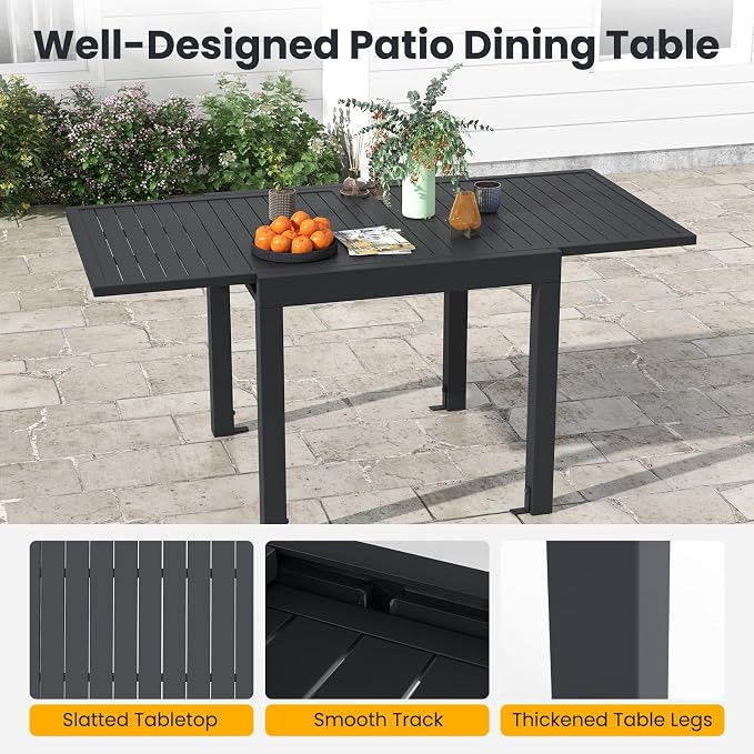 Giantex Expandable Patio Table, 31.5”-63” Extendable Aluminum Dining Table for 4-6 People, Slatted Tabletop, Square Rectangular Outdoor Table for Backyard, Front Porch, Poolside
