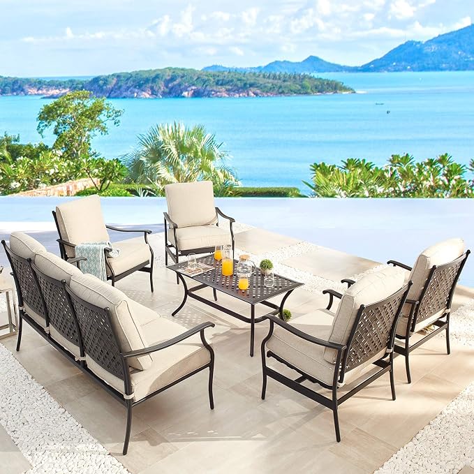Patio Conversation Set Cushioned Outdoor Furniture Sets with All Weather Galvanized Steel Frame (6 Pcs, Beige)