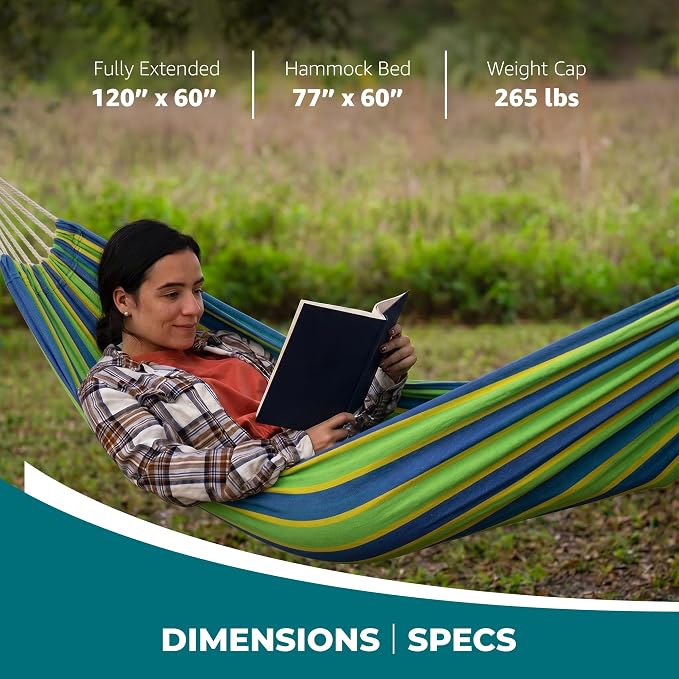 Bliss Hammocks 60" W Double Outdoor Hammock with Hand-Woven Rope Loops & Tree Straps, Patio, Durable, Cotton/Polyester, 265 Lbs Capacity, Mediterranean Stripe