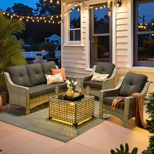 ovios 4 Piece Outdoor Patio Furniture with 3 Seat Sofa,Rattan Wicker Coversation Set with High Back,Sectional Single Sofa with Ottoman for Outside Porch Balcony Backyard Pool, Black