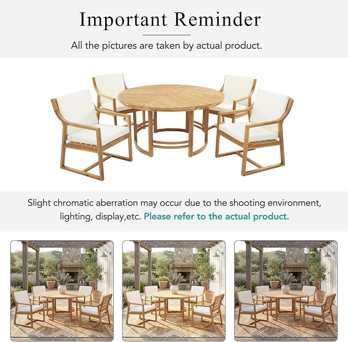 WILLIAMSPACE 5-Piece Acacia Wood Round Outdoor Patio Dining Set with 4 Chair, Light Teak