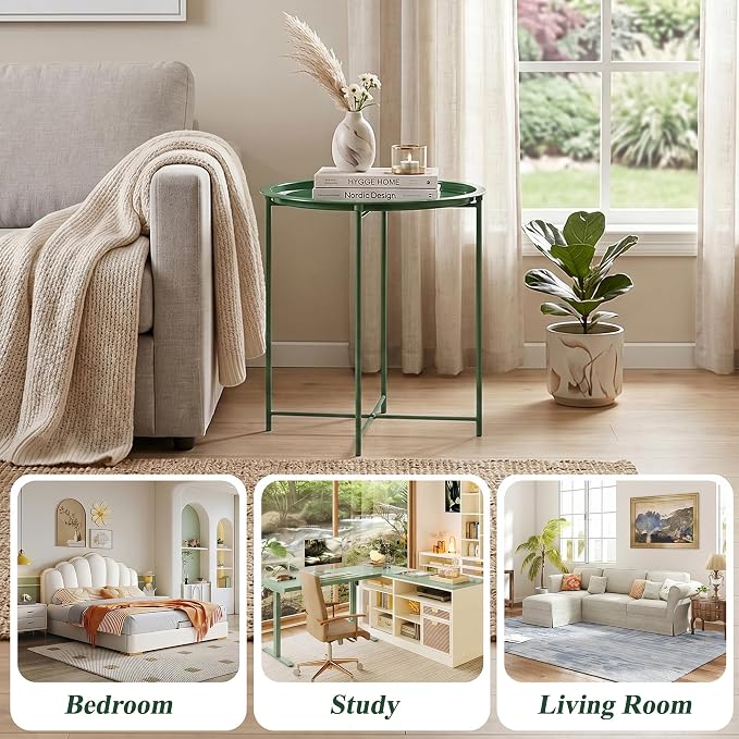 VECELO Side/End Table, Folding Round Metal Anti-Rust and Waterproof Outdoor or Indoor Tray for Living Room Bedroom Balcony and Office, 2 PCS, Dark Green