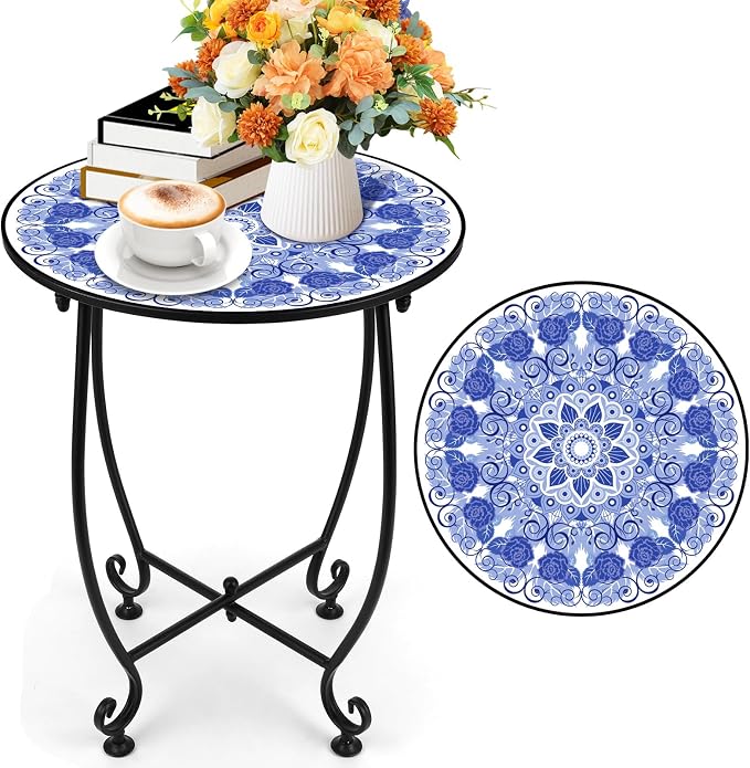 14'' Outdoor Round Side Table, Blue and White Porcelain Pattern Plant Stand,Mosaic End Table,Bistro Accent Table for Garden Yard Parch Balcony,Dark Blue