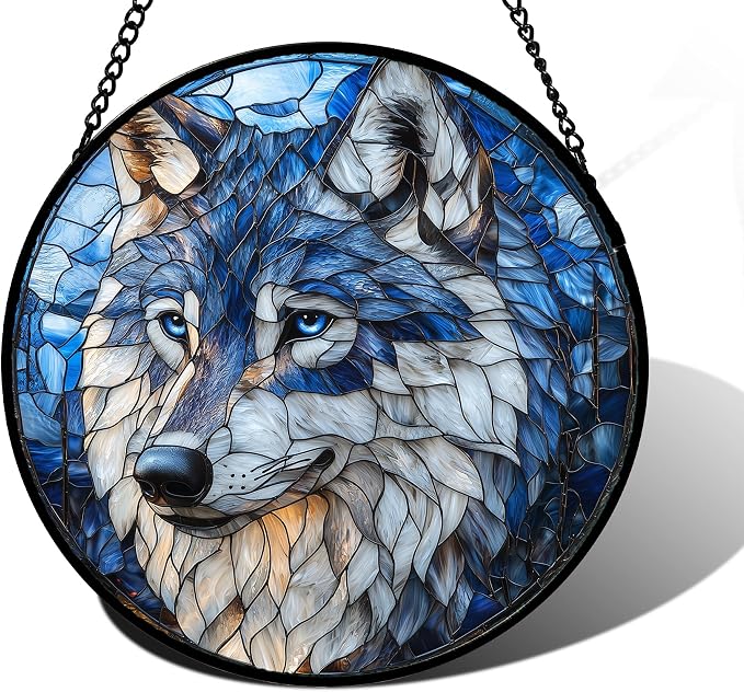 DASTOLL Stained Glass Window Hanging - Funny Wolf Suncatcher Ready to Hang Window Doors Home Decoration and Christmas, Mother's Day Birthday Gifts for Women, Men, and Mom 11.8x11.8 in