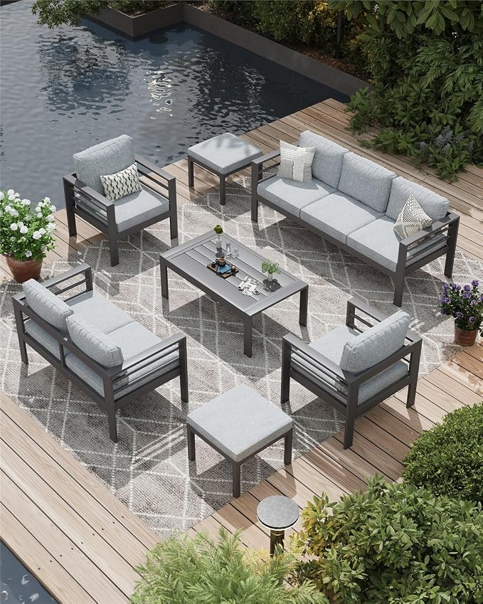 AECOJOY Aluminum Patio Furniture Set, 9 Seats Modern Outdoor Furniture with Coffee Table, 7 Pieces Metal Conversation Sectional Sofa, Light Gray