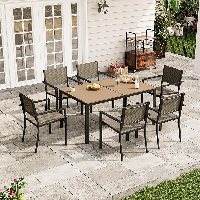Aoxun 8-Piece Patio Table and Chairs Set & 15ft Patio Umbrella for 6, All Weather Outdoor Dining Set with 6 Textilene Chairs and 1 Rectangular Metal Table for Backyard, Garden, Brown/Beige