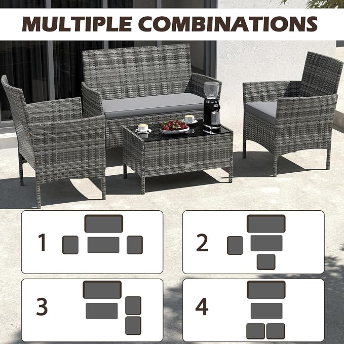 Tangkula 8 Piece Patio Rattan Conversation Set, Outdoor Wicker Furniture Set with Chair, Loveseat & Tempered Glass Table, Cozy Seat Cushions, Outside Sectional Sofa Set for Backyard