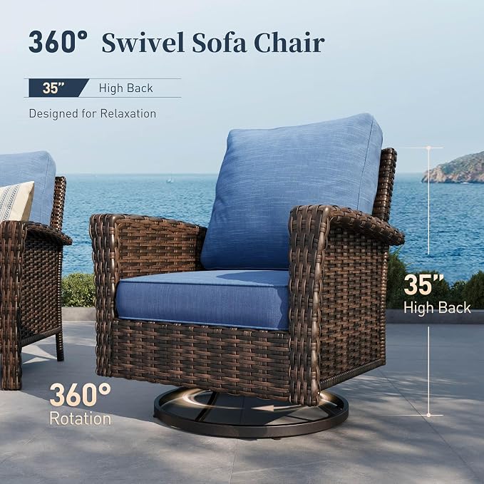 SUNSHINE VALLEY Patio Wicker Swivel Chairs Set of 2, Outdoor High Back Chairs with 5.5" Waterproof Cushions, Outdoor Furniture Set for Deck Porch and Yard, Blue