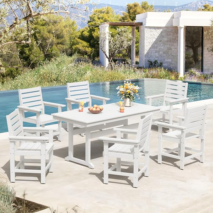 7 Piece Patio Dining Set, 66" Rectangle HDPS Weather Resistant Outdoor Table & 6 Patio Chairs Set with 1.96" Umbrella Hole, Heavy Duty Chairs for Backyard Balcony Deck, White