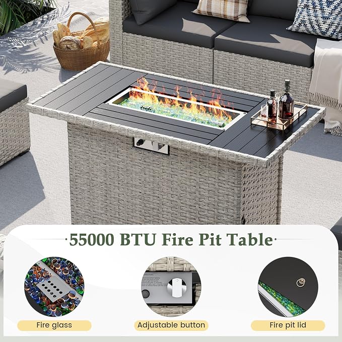 UDPATIO Patio Furniture Set with Fire Pit Table, 8 Pcs Outdoor Sectional Sofa, PE Wicker Patio Conversation Set for Garden, Backyard (Black Cushions with Light Grey Rattan)