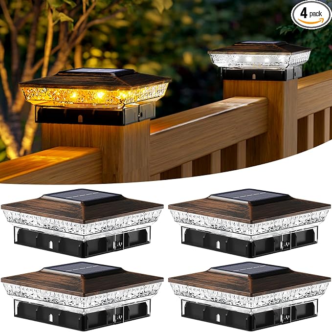 btfarm 4x4 Solar Post Cap Lights Outdoor, 2 Modes 16 LED Fence Deck Post Lights, 4 Pack Waterproof Solar Powered Lighting Outside Fit 4x4 3.5x3.5 Wooden/Vinyl for Porch Patio Garden, Copper Cap