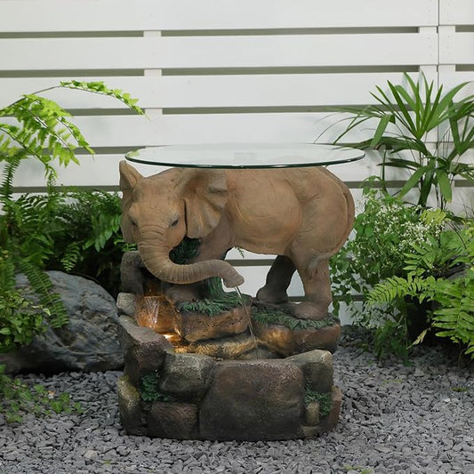 Elephant Side Table with Glass Top & Waterfall Base Patio End Table with Animal Fountain Feature 21.9" Tall Warm White LED Weatherproof Resin for Garden Living Room Home Office