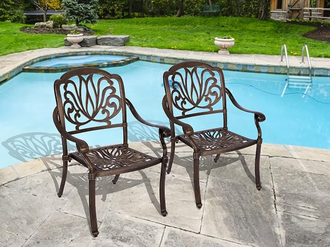 Grepatio 2 Piece Outdoor Cast Aluminum Dining Chairs, Modern Patio Bistro Chair Set of 2, Patterned Back Metal Chairs, Antique Bronze (Without Cushions)
