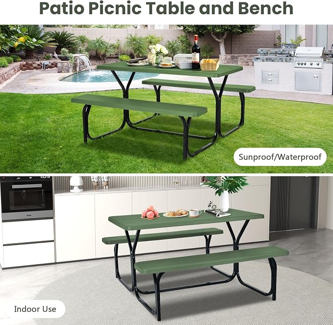 Picnic Table, Camping Portable Picnic Table Bench Set for 4 Persons, Heavy-Duty Steel Frame & Resin Tabletop, All Weather Outdoor Picnic Tables for Patio Travel BBQ Party Garden (Green)