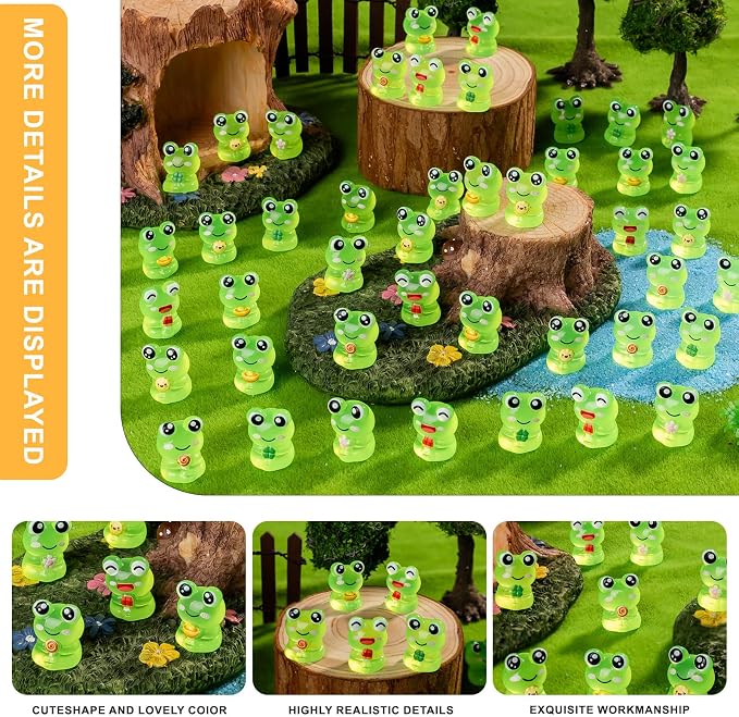 60 pcs Mini Resin Frog Many Styles Variety Tiny Luminous Animals Figures Miniature Little Small Animal Figurines Bulk for Micro Fairy Garden Landscape Accessories Hide Crafts Decor Aquarium
