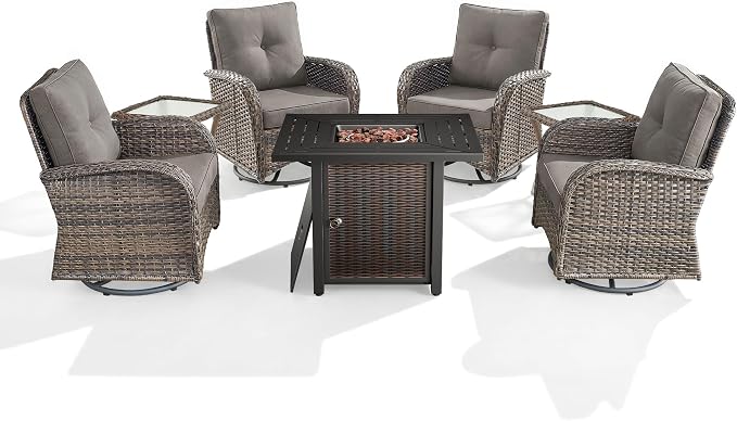 7 Piece Patio Furniture Set with Fire Pit Table - Wicker Patio Conversation Set with 4 Swivel Glider Chairs and 2 Tempered Glass Side Tables for Deck Backyard - Brown Wicker Grey Cushion