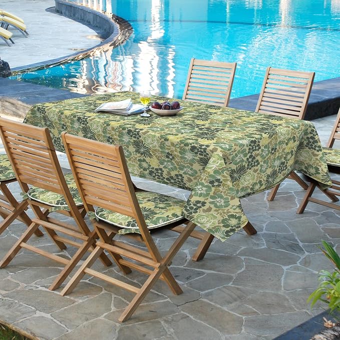 DYTXIII Outdoor Rectangle Tablecloth with Umbrella Hole and Zipper 84" x 60", Water Repellent Floral Picnic Cover, Fade & Wrinkle Resistant Tablecloth for Patio/Garden/Party Table, Green Rose